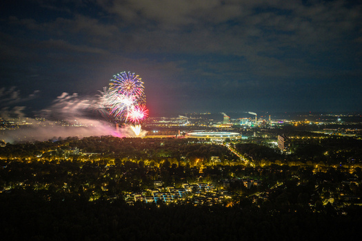 Berlin Germany 26 September 2026 Aerial view of Olympiastadion Berlin during the Pyronale fireworks display with colorful pyrotechnics illuminating the night sky over the stadium.