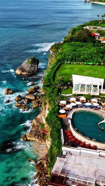 Aerial view of cliffside resort in Bali Indonesia.