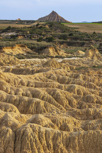 View of the eroded clay formations and unique desert landscape of Bardenas Reales with a prominent peak under a clear sky in Navarre Navarre Spain. View of the eroded clay formations and unique desert landscape of Bardenas Reales with a prominent peak under a clear sky in Navarre Navarre Spain.