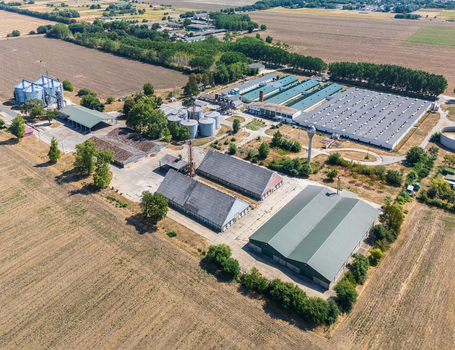 Aerial view of crop processing and biogas plant in rural Hungary farms Aerial view of crop processing and biogas plant in rural Hungary farms