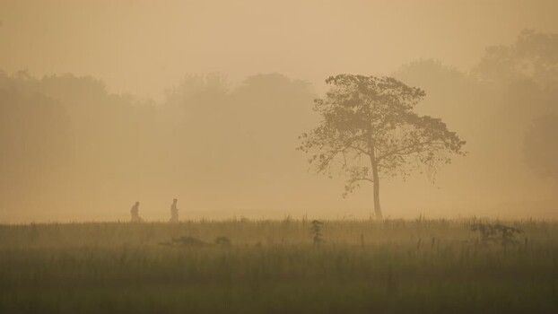 View of people walking in a foggy field Bangladesh.