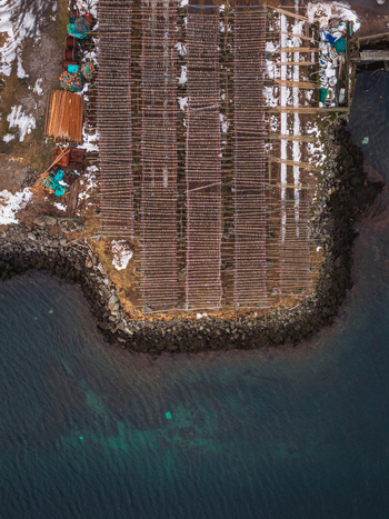 Aerial view of wooden structures meet the dark waters of the sea creating a stark contrast against the snowy landscape Ballstad Nordland Norway. Aerial view of wooden structures meet the dark waters of the sea creating a stark contrast against the snowy landscape Ballstad Nordland Norway.