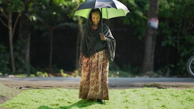 View of an elderly woman with an umbrella in Bogura Bangladesh. View of an elderly woman with an umbrella in Bogura Bangladesh.