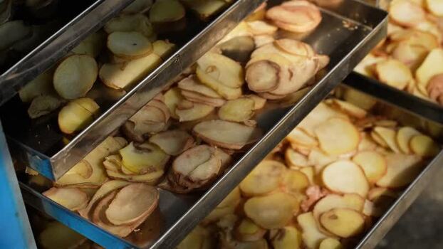View of sliced potatoes on metal trays in a food facility Nepal.