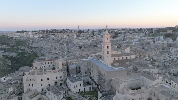 Aerial view of Sassi di Matera and cathedral in Italy.