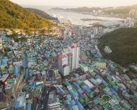 Aerial view of Gamcheon Culture Village at sunset Busan South Korea.