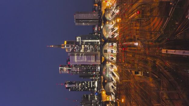 Aerial view of Hauptbahnhof and skyline at night Germany.