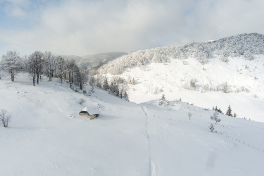 Brasov Romania 21 September 2026 Aerial view of a small wooden cabin nestled in a vast snow covered mountain landscape with frosted trees under a bright winter sky. Brasov Romania 21 September 2026 Aerial view of a small wooden cabin nestled in a vast snow covered mountain landscape with frosted trees under a bright winter sky.