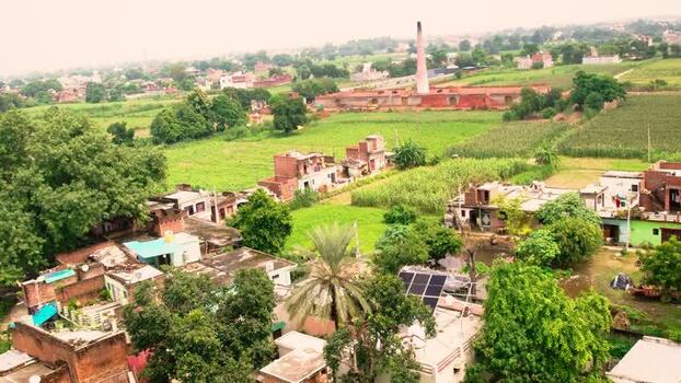 Aerial view of solar panels on a rooftop in Lucknow India.
