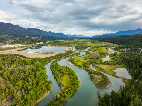 Aerial view of Radium Wetlands Recreation Site featuring a winding river through lush meadows and forests with distant mountains East Kootenay British Columbia Canada.