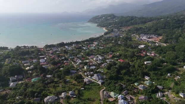 Aerial view of Mahe island coastline Seychelles.