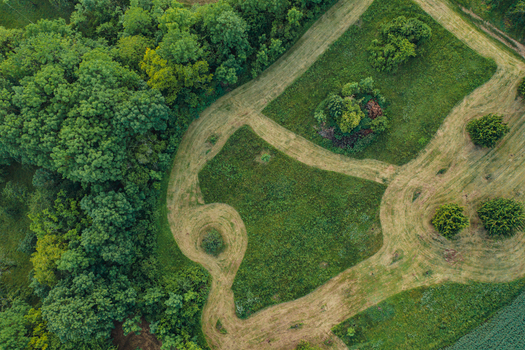 Aerial view of lush green meadows with mowed paths and dense forest borders under soft daylight in Nuremberg Bavaria Germany.