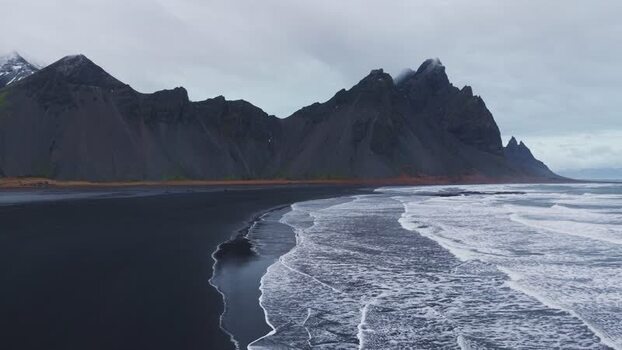 Aerial view of Stokksnes beach and mountains Iceland.