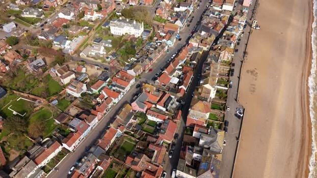 Aerial view of Aldeburgh coastline United Kingdom.