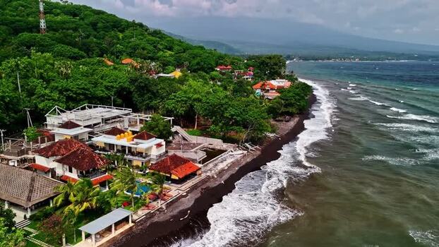 Aerial view of coastal resort in Bali Indonesia.
