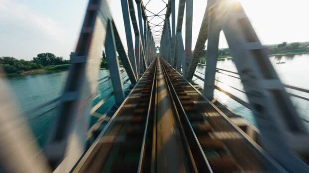 Aerial FPV view of a railway bridge over a river Serbia. Aerial FPV view of a railway bridge over a river Serbia.