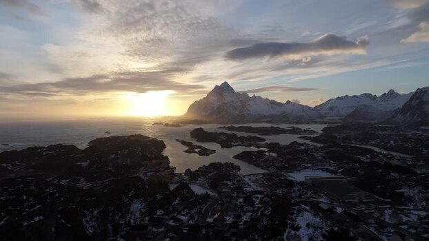 Aerial view of Lofoten islands at sunset Norway.