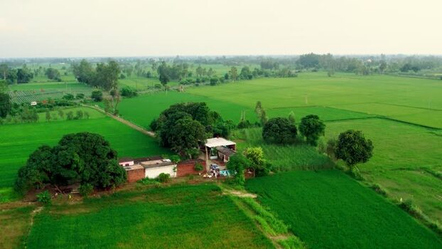 Aerial view of rural farmstead in Patna India.