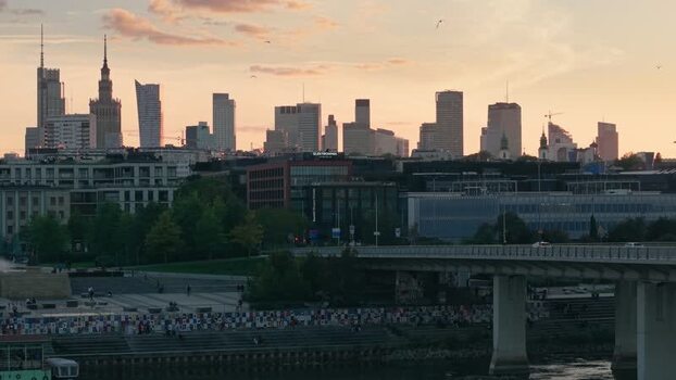 Aerial view of Warsaw skyline at sunset Poland.