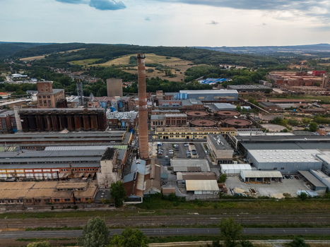 Aerial view of Ajka alumina factory with tanks rail tracks and pipelines Aerial view of Ajka alumina factory with tanks rail tracks and pipelines