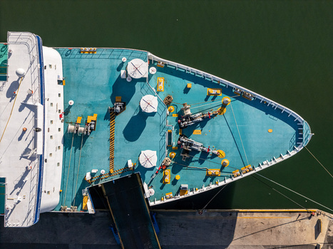 Aerial view of the bow of a ferry docked at the port on the Rio Ozama in Santo Domingo Santo Domingo Dominican Republic.