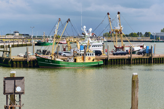 Den Oever Netherlands 18 May 2026 View of Vissershaven fishing harbor with traditional trawlers docked at the pier under a cloudy sky. Den Oever Netherlands 18 May 2026 View of Vissershaven fishing harbor with traditional trawlers docked at the pier under a cloudy sky.
