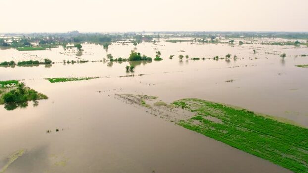 Aerial view of flooded village fields in Patna India.