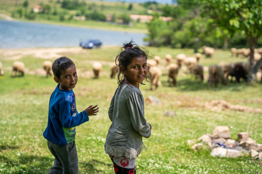 Sliven Bulgaria 24 May 2021 View of two children standing in a grassy field near Zhrebchevo Reservoir with a flock of sheep grazing in the background.