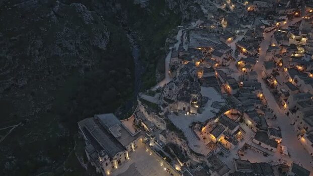 Aerial view of Sassi di Matera at night Italy.