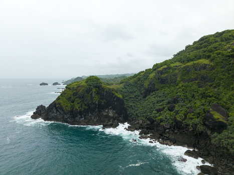 Aerial view of dramatic cliffs meet the turquoise sea lush green vegetation contrasting with the dark rocks Pengilon Hill Gunungkidul Regency Daerah Istimewa Yogyakarta Indonesia. Aerial view of dramatic cliffs meet the turquoise sea lush green vegetation contrasting with the dark rocks Pengilon Hill Gunungkidul Regency Daerah Istimewa Yogyakarta Indonesia.