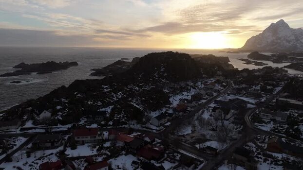 Aerial view of Lofoten coastal landscape in Vagan Municipality Norway.