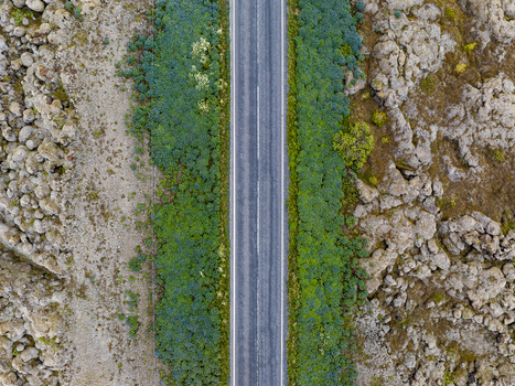 Aerial view of a straight asphalt road cutting through a rugged volcanic landscape with mossy green vegetation and rocky terrain in Iceland. Aerial view of a straight asphalt road cutting through a rugged volcanic landscape with mossy green vegetation and rocky terrain in Iceland.
