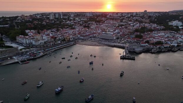 Aerial view of Cascais harbor at sunset Portugal. Aerial view of Cascais harbor at sunset Portugal.