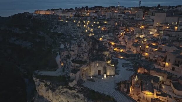 Aerial view of the illuminated Sassi di Matera Italy.