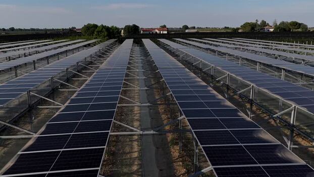 Aerial view of solar panel farm in Faenza Italy.