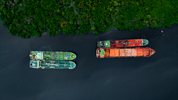 Aerial view of cargo ships moored in the dark waters near a dense green forest in Satellite Town Lagos Lagos Nigeria.