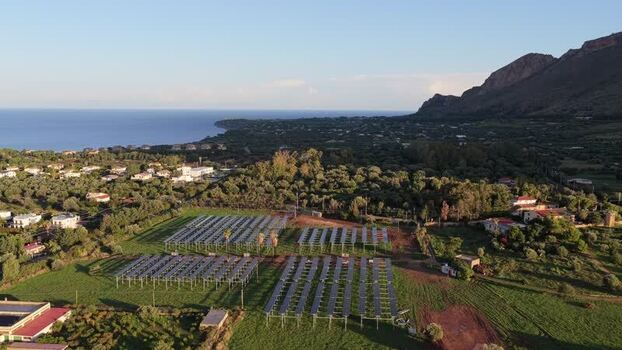 Aerial view of solar farm in Terrasini Italy.