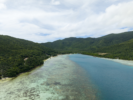 Aerial view of the vibrant turquoise waters meet lush green hills a tranquil escape to paradise Karimunjawa Central Java Indonesia.