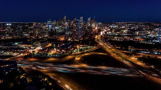 Aerial view of Denver skyline at night United States.