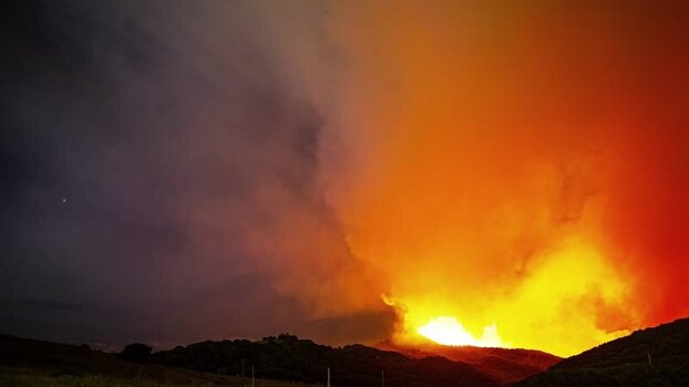 View of volcanic eruption at night in Spain.