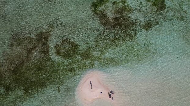 Aerial view of Los Roques sandbank in clear water Venezuela.