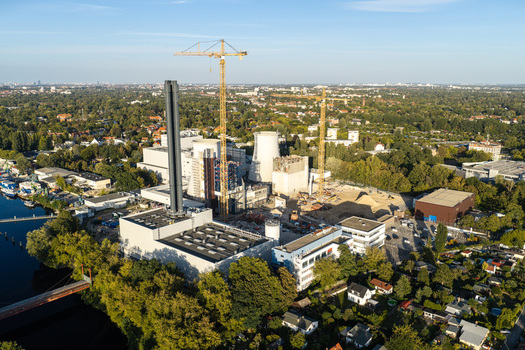Aerial view of the deconstruction of the Combined Heat and Power Plant Lichterfelde with tall cranes and industrial structures in Berlin Berlin Germany. Aerial view of the deconstruction of the Combined Heat and Power Plant Lichterfelde with tall cranes and industrial structures in Berlin Berlin Germany.
