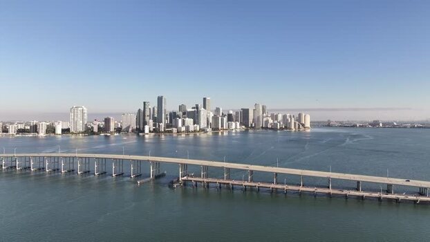 Aerial view of Miami skyline and Rickenbacker Causeway Florida United States.