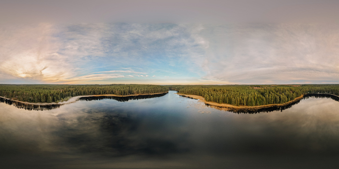 Aerial view of a pristine forest lake with calm dark water reflecting the sky surrounded by a dense evergreen pine forest in the Nordic wilderness Smiltene Smiltene Municipality Latvia.
