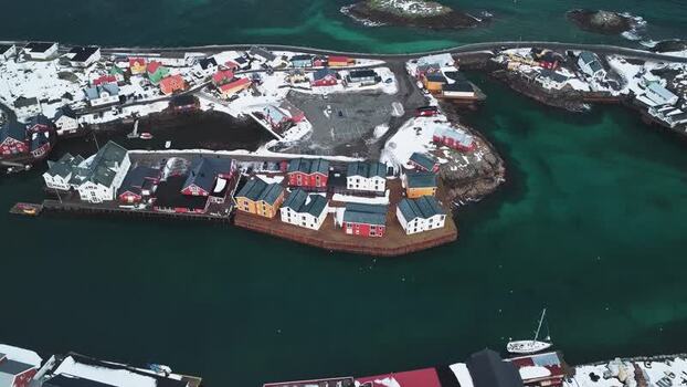 Aerial view of Henningsv&aelig;r Bryggehotell Norway.