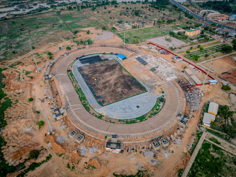 Kaduna Nigeria 13 May 2026 Aerial view of Ahmadu Bello Stadium under renovation with concrete stands floodlights and a dirt pitch surrounded by the city landscape. Kaduna Nigeria 13 May 2026 Aerial view of Ahmadu Bello Stadium under renovation with concrete stands floodlights and a dirt pitch surrounded by the city landscape.