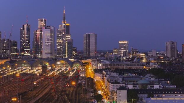 Aerial view of Hauptbahnhof and Frankfurt skyline Germany.