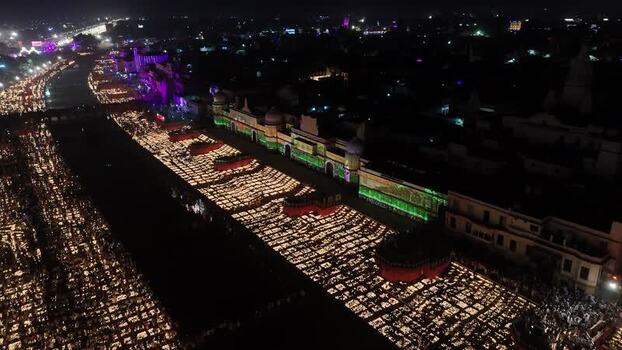 Aerial view of Deepotsav festival at Ram Ki Paidi in Ayodhya India.