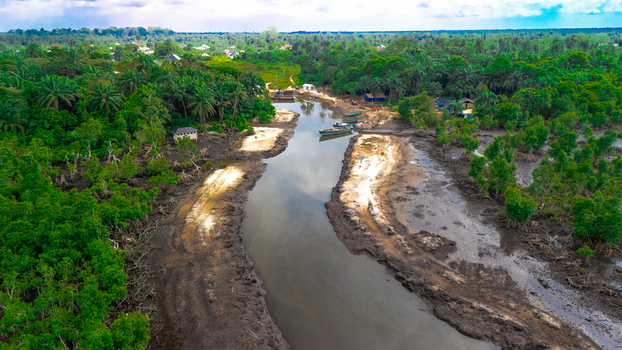 Aerial view of the Bukuma creek area featuring lush mangrove forests muddy riverbanks and small boats moored in the water in Buguma Rivers Nigeria.