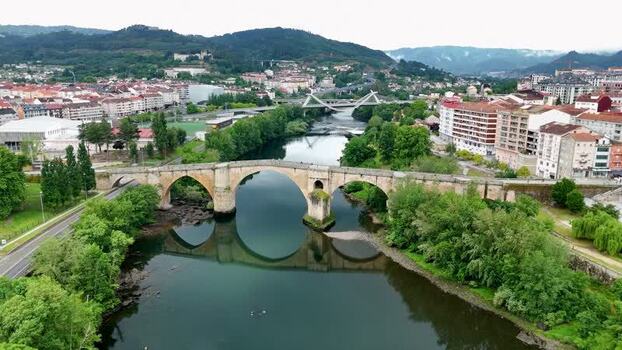 Aerial view of Ponte Vella de Ourense and the Minho River Spain.